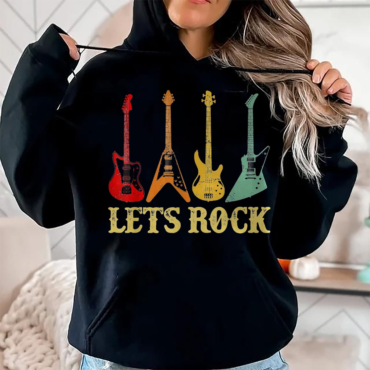 Guitar Lover Shirt, Funny Guitar UnisexT-Shirt/Hoodie/Sweatshirt HLT00 - Vintage Retro Lets Rock Rock n Roll Guitar T-Shirt, Youth, Black, Small