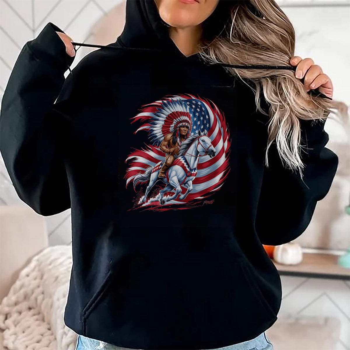 Native American T-Shirts, Vintage Native American Unisex T-Shirt/Hoodie/Sweatshirt HLT00 - Native American Day Flag usa Indian Riding Horse