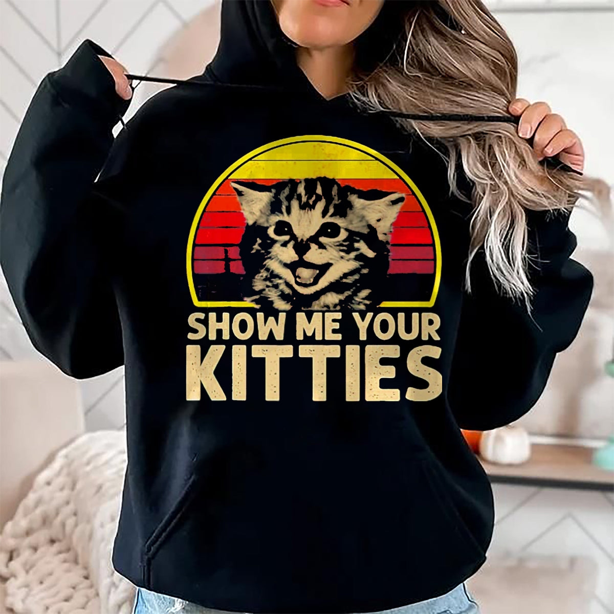 Cat Love Shirt, Funny Cat Lover Gift UnisexT-Shirt/Hoodie/Sweatshirt HLT00 - Show me Your Kitties Cat Lover Retro Vintage Sunset T-Shirt, Men, Black, 3X-Large