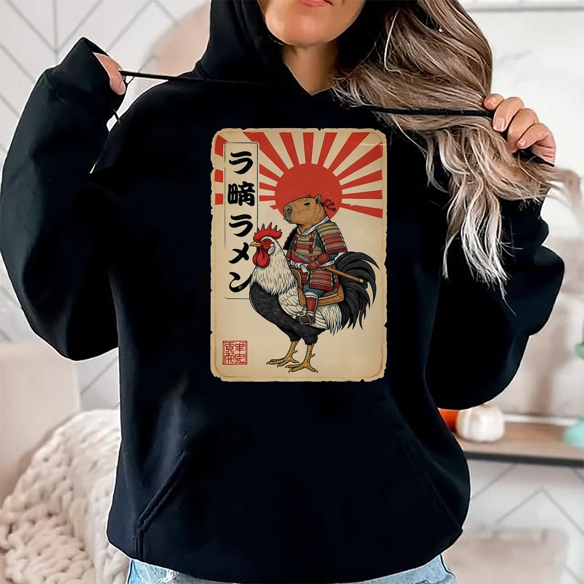 Cute Capybara Shirt, Funny Capybara Unisex T-Shirt/Hoodie/Sweatshirt HLT00 - Vintage Japanese Samurai Capybara Rooster Chicken Anime T-Shirt