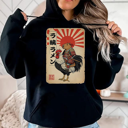 Cute Capybara Shirt, Funny Capybara Unisex T-Shirt/Hoodie/Sweatshirt HLT00 - Vintage Japanese Samurai Capybara Rooster Chicken Anime T-Shirt