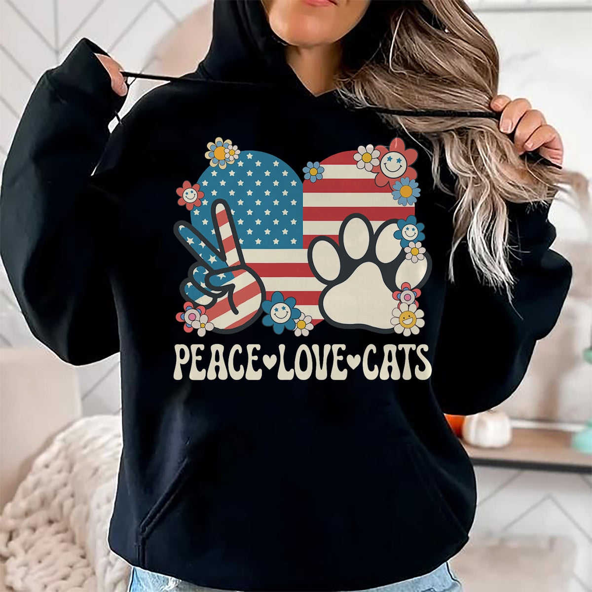 Cat Love Shirt, Funny Cat Lover Gift UnisexT-Shirt/Hoodie/Sweatshirt HLT00 - Peace Love Cats American Flag Patriotic Cat Lover Retro Cat T-Shirt