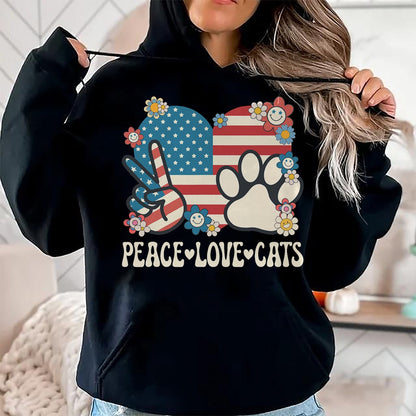 Cat Love Shirt, Funny Cat Lover Gift UnisexT-Shirt/Hoodie/Sweatshirt HLT00 - Peace Love Cats American Flag Patriotic Cat Lover Retro Cat T-Shirt
