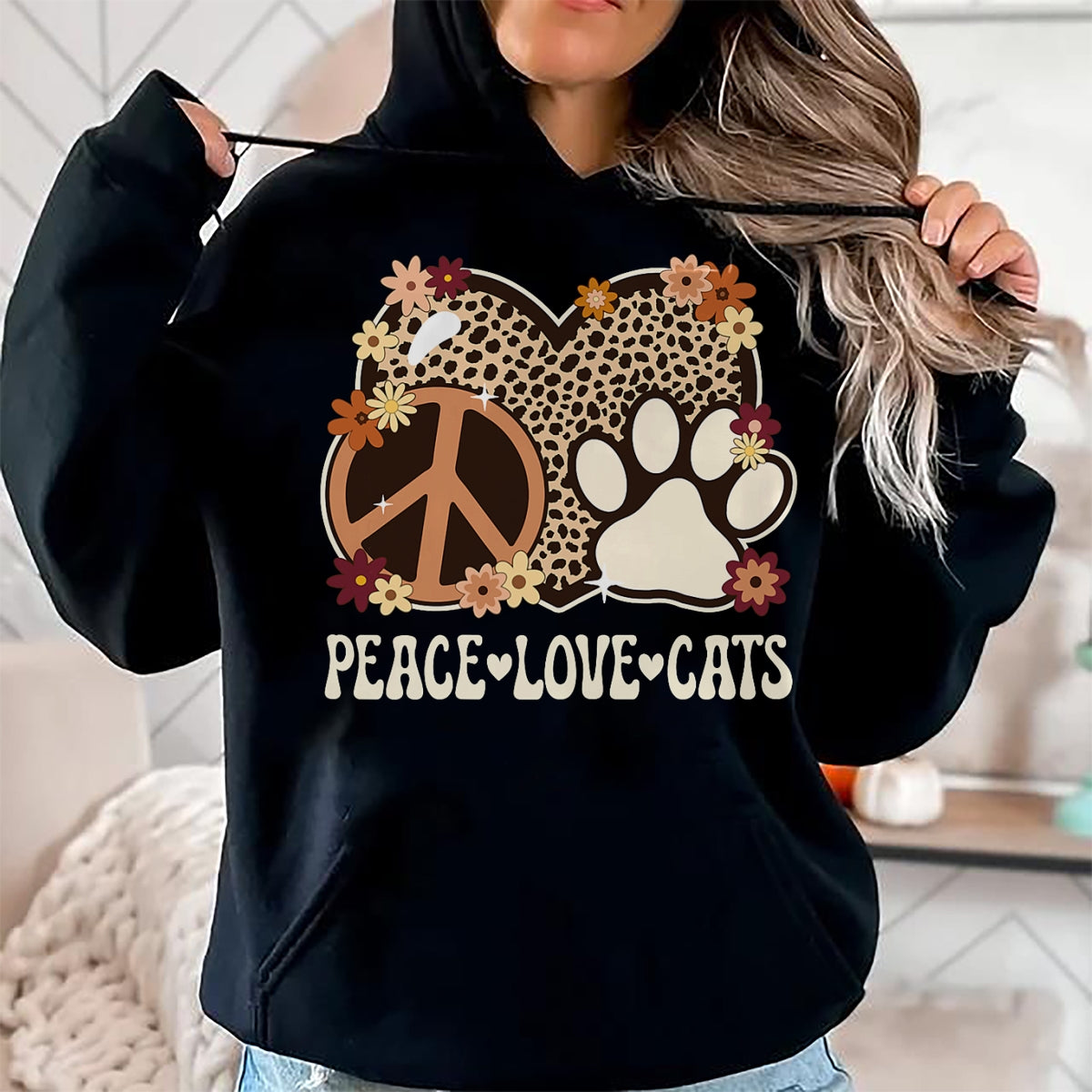 Cat Love Shirt, Funny Cat Lover Gift UnisexT-Shirt/Hoodie/Sweatshirt HLT00 - Peace Love Cats Cheetah Print Women Girl Cat Owner Cat Lover T-Shirt