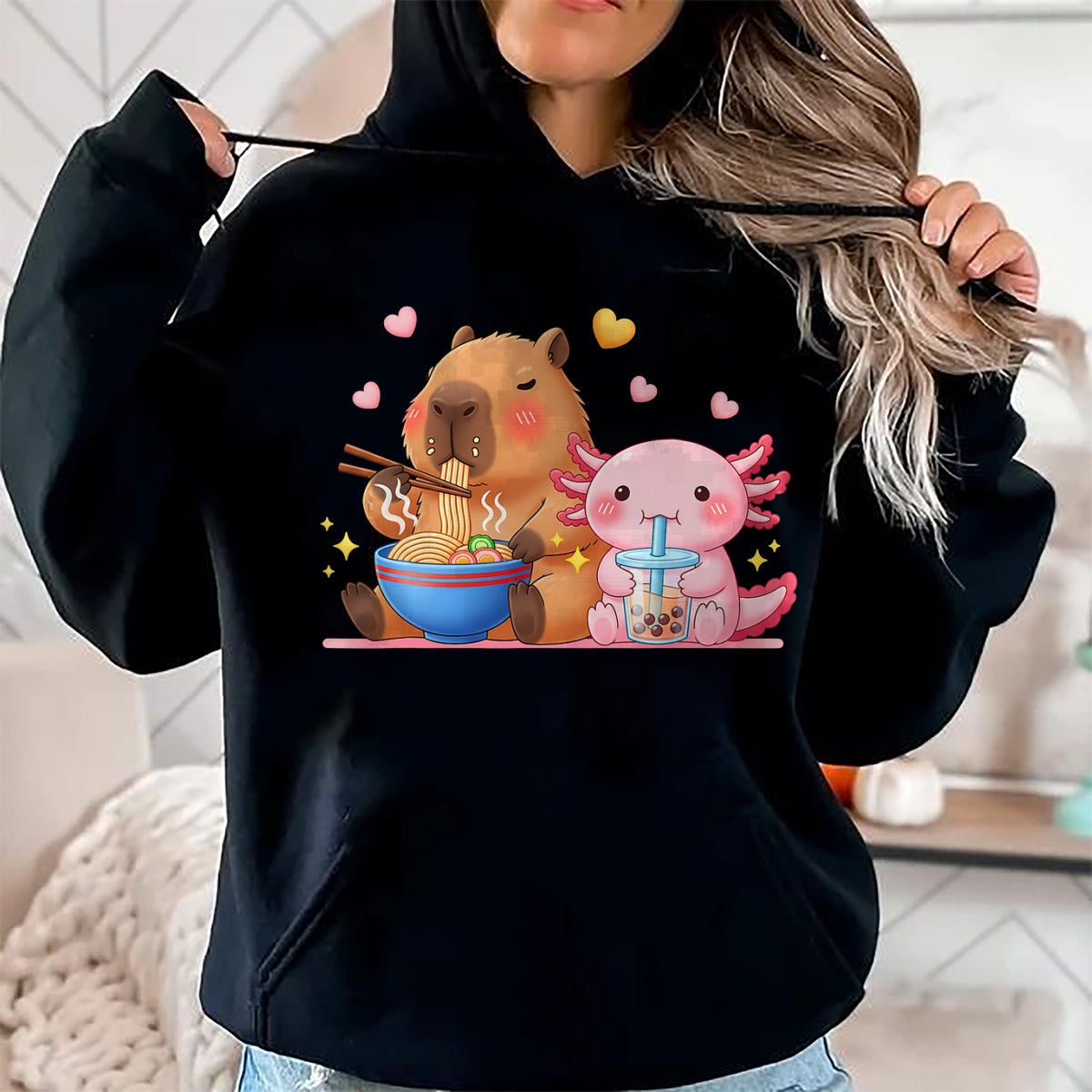 Cute Capybara Shirt, Funny Capybara Unisex T-Shirt/Hoodie/Sweatshirt HLT00 - Cute Capybara Ramen and Axolotl Boba Kawaii Boys Girls Kids T-Shirt