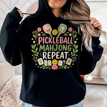 Funny Pickleball Shirt, Pickleball Lover Unisex T-Shirt/Hoodie/Sweatshirt HLT00 - Women's Pickleball Mahjong Repeat Funny Game Lover Men Women V-Neck T-Shirt