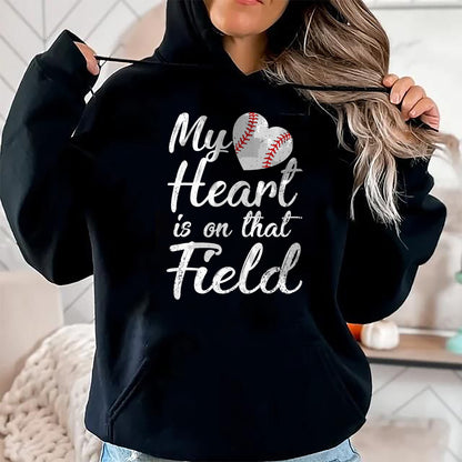 Gift for Mom Shirt, Funny Mom Unisex T-Shirt/Hoodie/Sweatshirt HLT00 - My Heart is on That Field Baseball Softball Mom Gifts T-Shirt