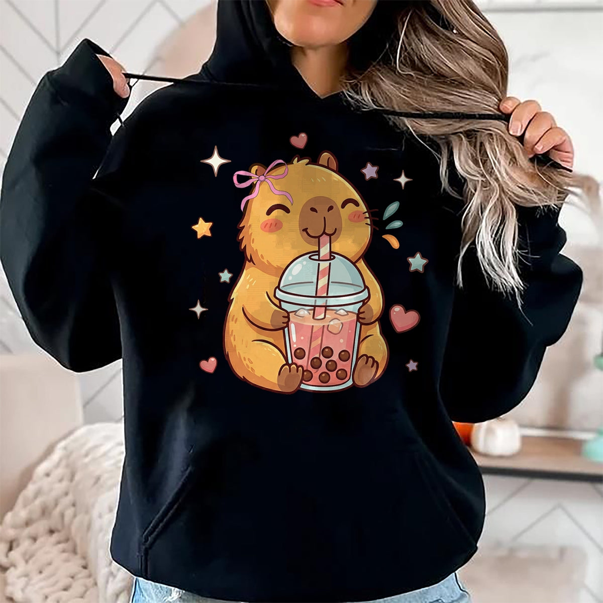 Cute Capybara Shirt, Funny Capybara Unisex T-Shirt/Hoodie/Sweatshirt HLT00 - Cute Capybara Anime Drinking Bubble Boba Tea Kawaii Girl Kid T-Shirt