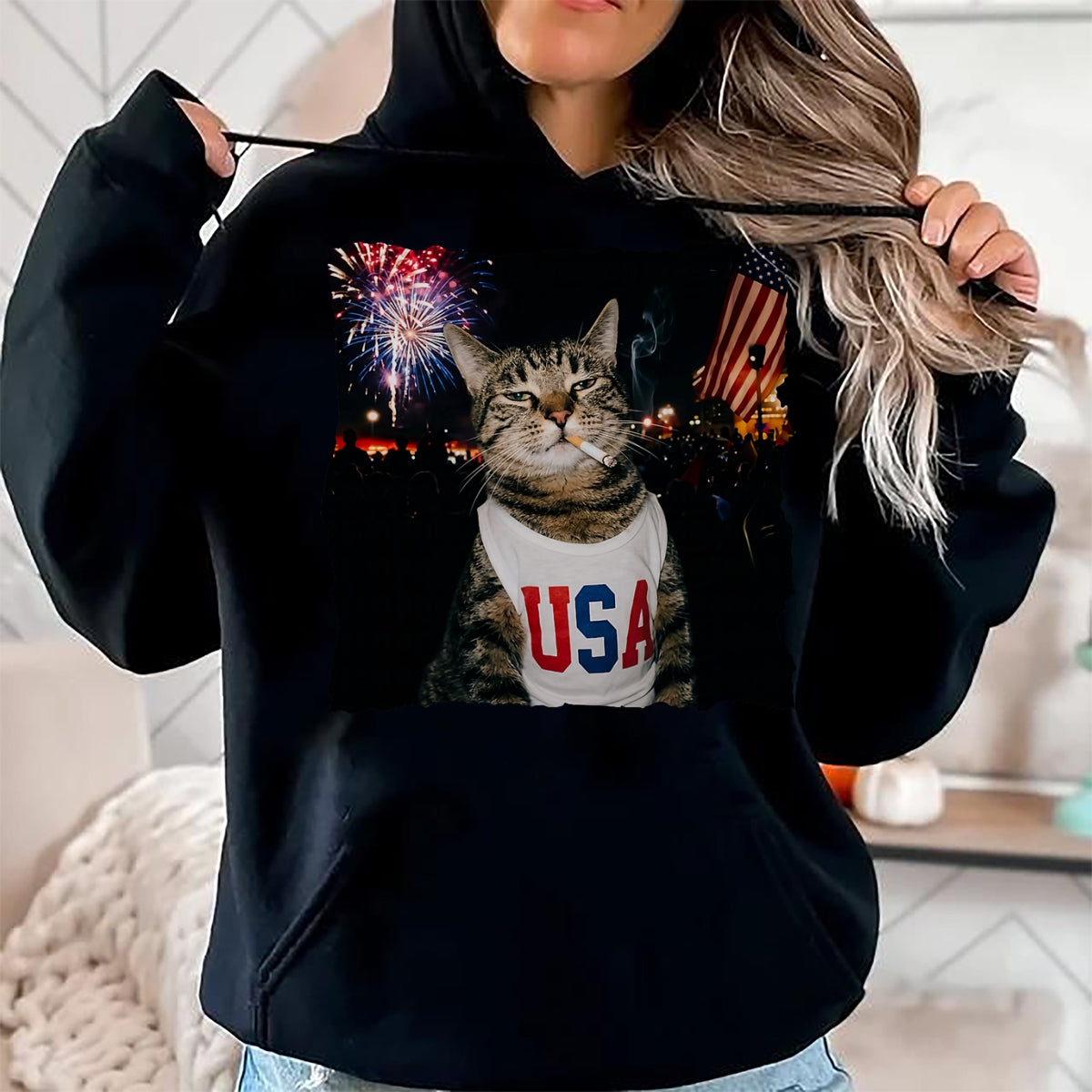 Cat Love Shirt, Funny Cat Lover Gift UnisexT-Shirt/Hoodie/Sweatshirt HLT00 - Patriotic Smoking cat T-Shirt