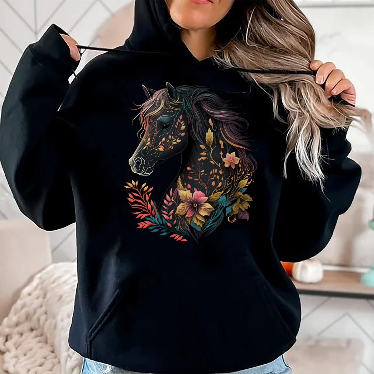 Best Horse Lover Shirt , Funny Horse UnisexT-Shirt/Hoodie/Sweatshirt HLT00 - Beautiful Horse with Flowers and Plants Equestrian Art Black Long Sleeve T-Shirt
