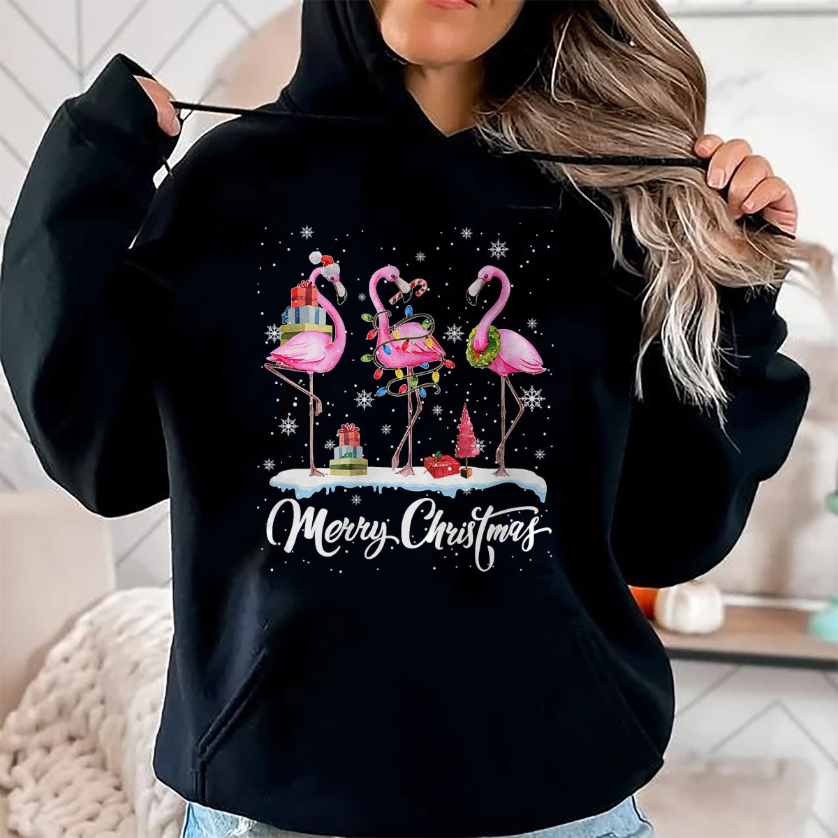 Merry Christmas Hat Santa Flamingo Light Christmas NINA T-Shirt - Christmas Unisex T-Shirt/Hoodie/Sweatshirt - NINA00