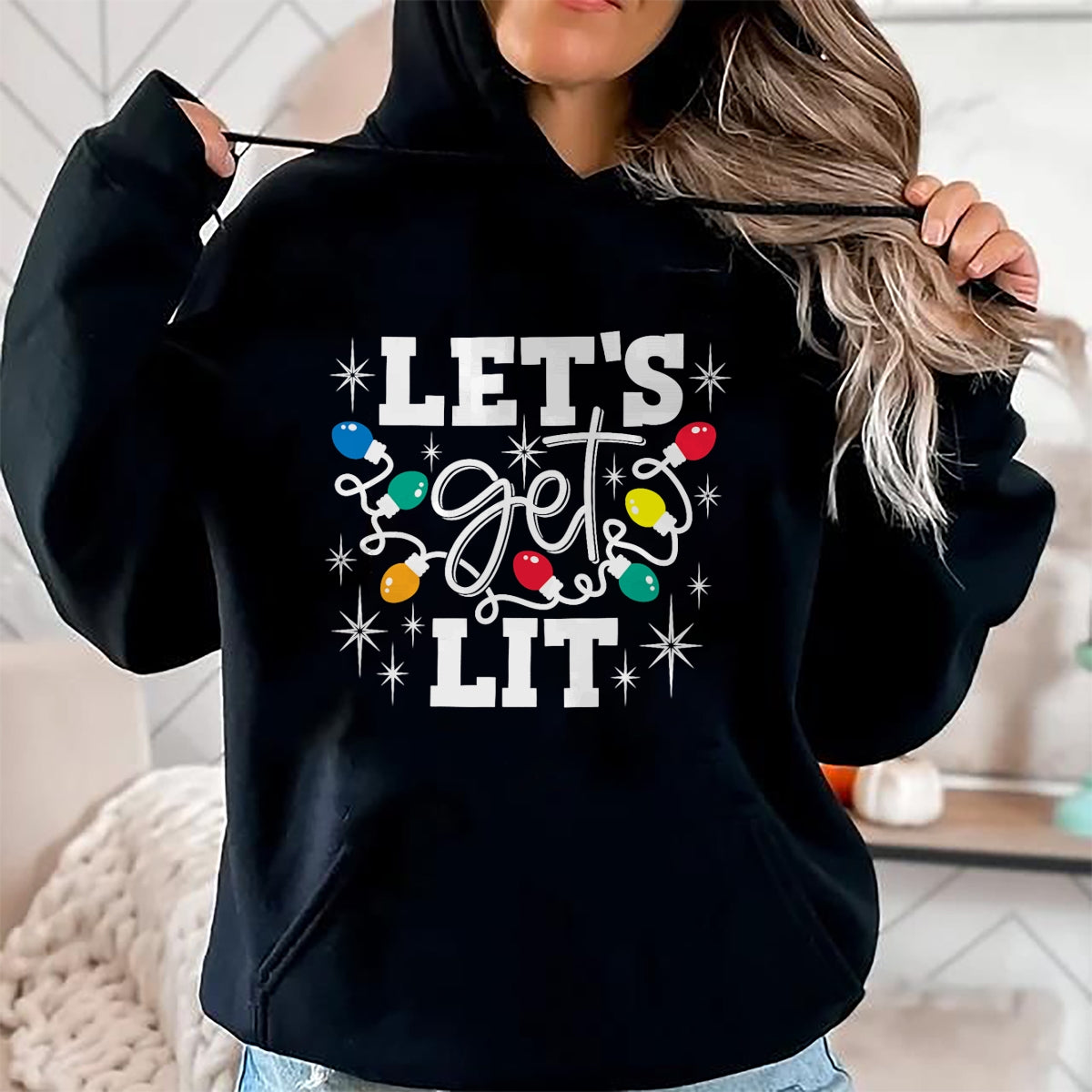 Let's Get Lit Drinking Santa Hat Christmas Lights Funny T-Shirt - Christmas Unisex T-Shirt/Hoodie/Sweatshirt - NINA00
