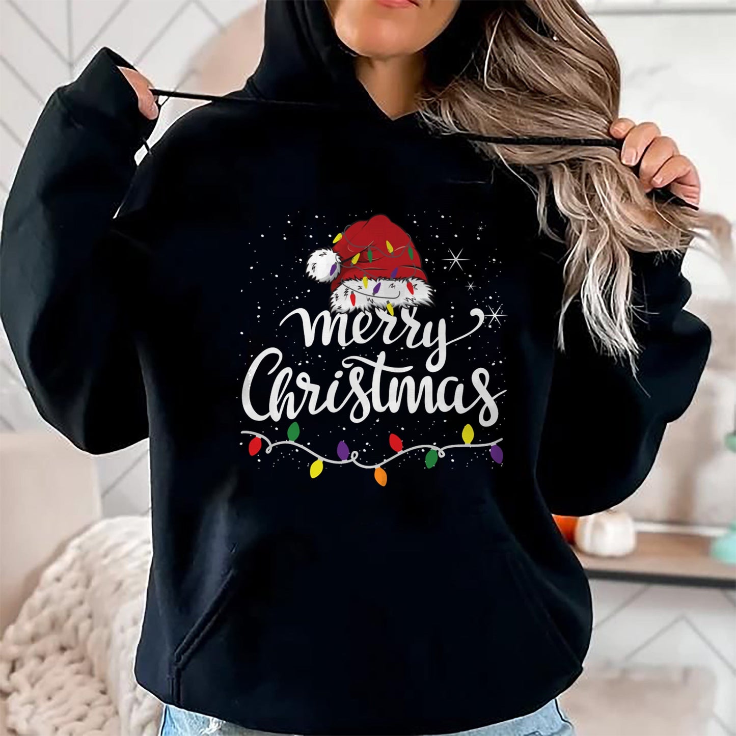 Merry Christmas Lights Red Santa Hat Xmas Family Men Women Pullover - Christmas Unisex T-Shirt/Hoodie/Sweatshirt - NINA00