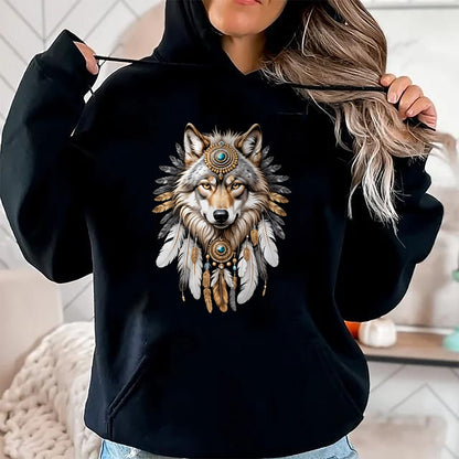 Native American T-Shirts, Vintage Native American Unisex T-Shirt/Hoodie/Sweatshirt HLT00 - Native American Wolf Feather Headdress Hunter Men Women T-Shirt (1)