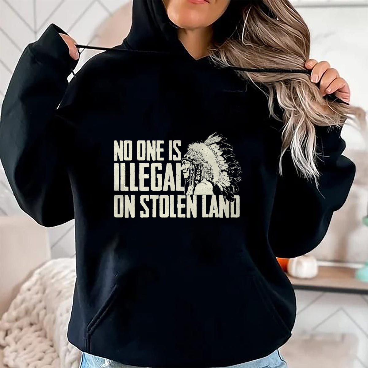 Native American T-Shirts, Vintage Native American Unisex T-Shirt/Hoodie/Sweatshirt HLT00 - No One Is Illegal On Stolen Land - Indian Native American T-Shirt (1)