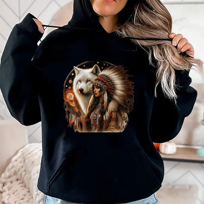 Native American T-Shirts, Vintage Native American Unisex T-Shirt/Hoodie/Sweatshirt HLT00 - Indian Native American Woman With White Wolf Vitage Gifts T-Shirt