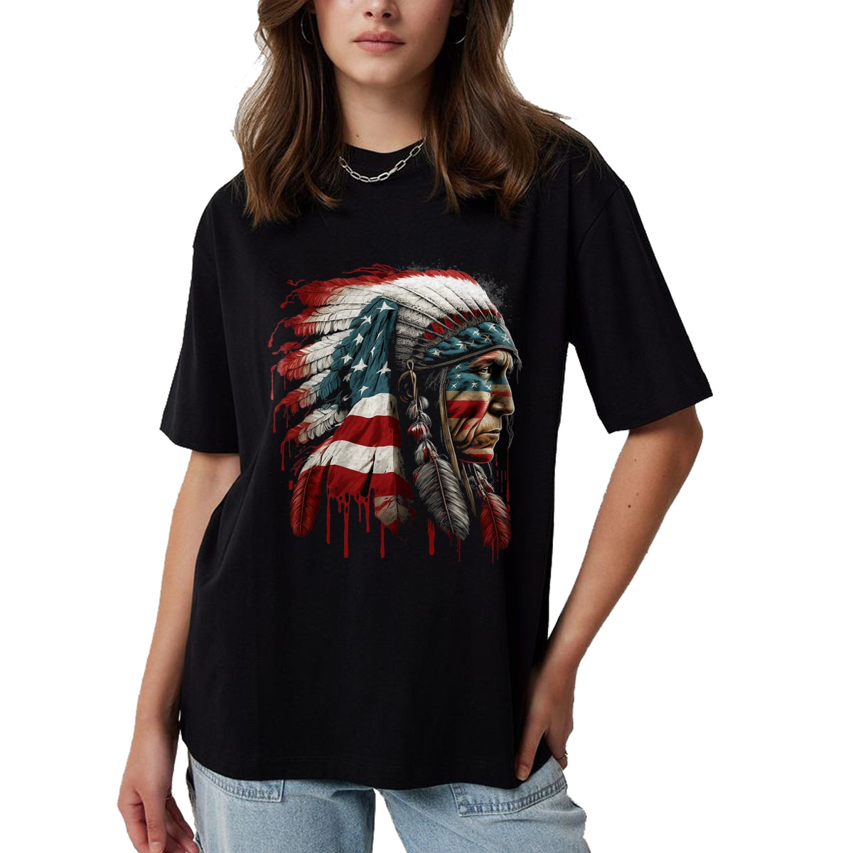 Native American T-Shirts, Vintage Native American Unisex T-Shirt/Hoodie/Sweatshirt HLT00 - Native American Indian Chief American USA Flag T-Shirt (2)
