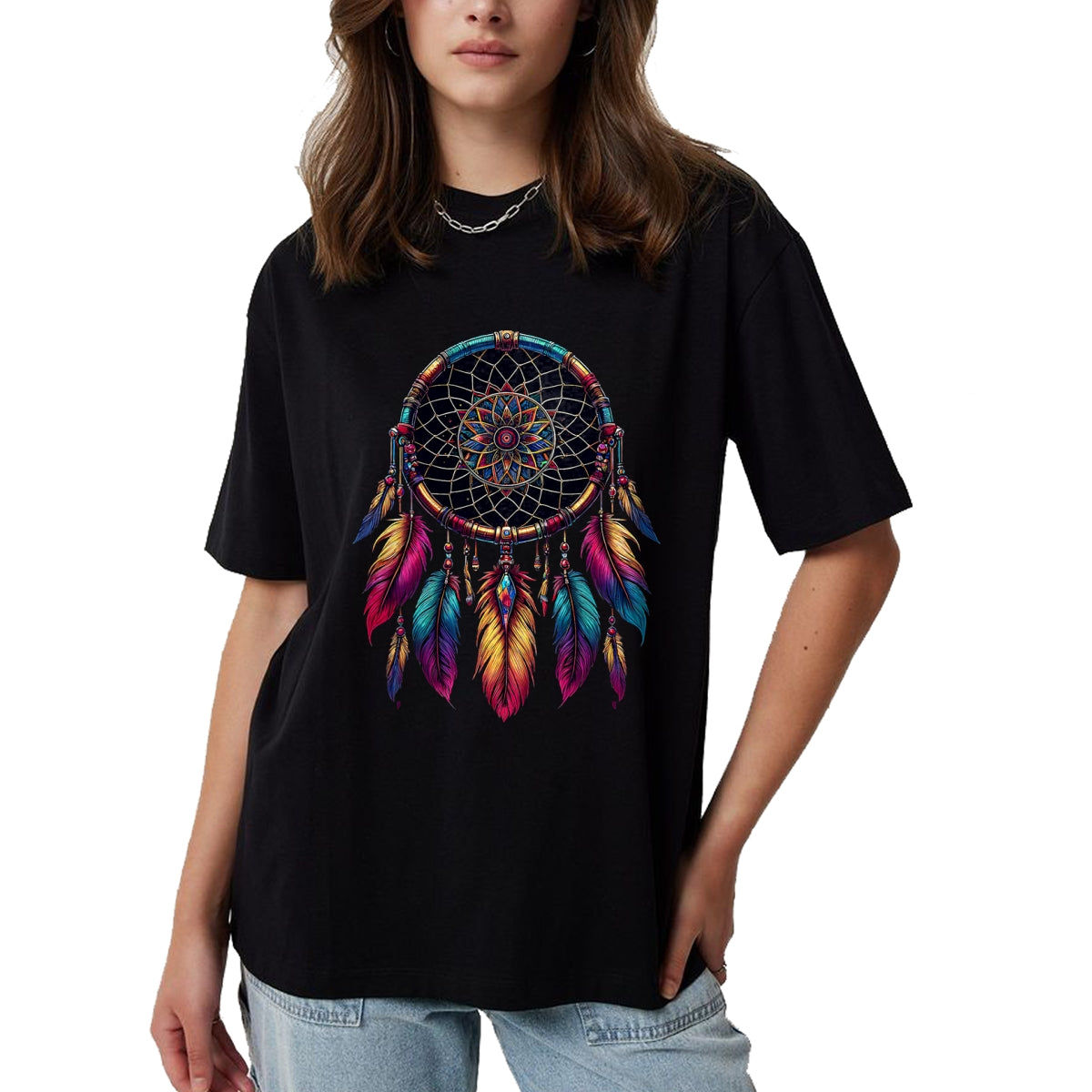 Native American T-Shirts, Vintage Native American Unisex T-Shirt/Hoodie/Sweatshirt HLT00 - American Flag - Colorful Dreamcatcher Feather Native American Indian Art T-Shirt (1)