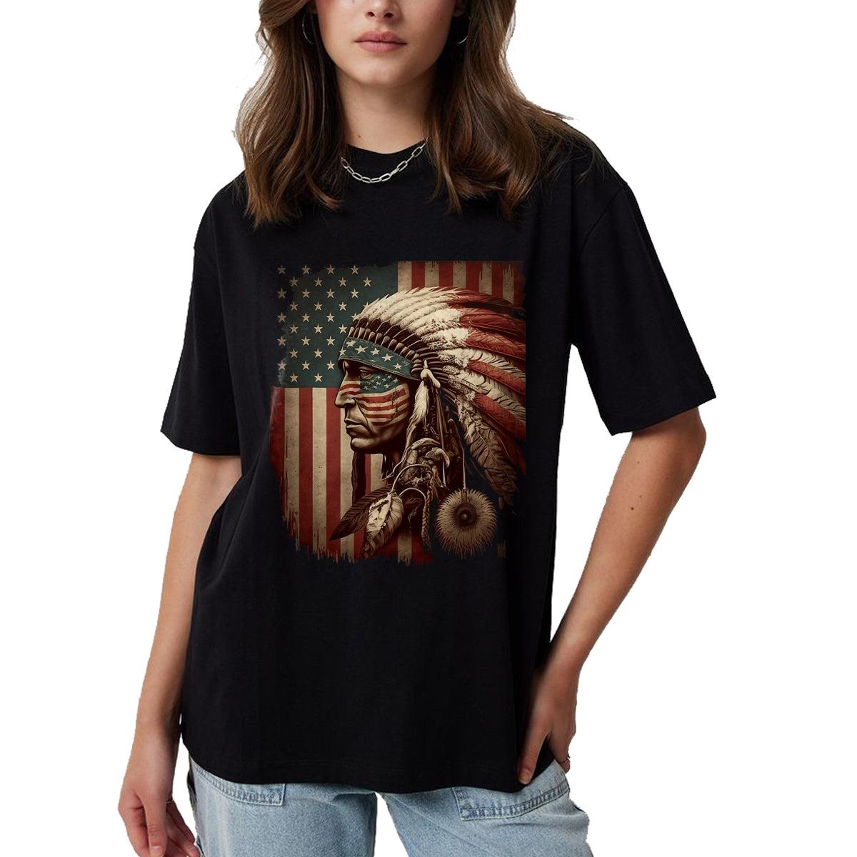 Native American T-Shirts, Vintage Native American Unisex T-Shirt/Hoodie/Sweatshirt HLT00 - Native American Indian Chief American USA Flag T-Shirt (1)