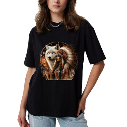 Native American T-Shirts, Vintage Native American Unisex T-Shirt/Hoodie/Sweatshirt HLT00 - Indian Native American Woman With White Wolf Vitage Gifts T-Shirt