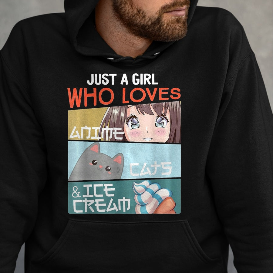 Cat Love Shirt, Funny Cat Lover Gift UnisexT-Shirt/Hoodie/Sweatshirt HLT00 - Just A Girl Who Loves Anime Cats Ice Cream Otaku Manga Lover T-Shirt, Women, Baby Blue, Large