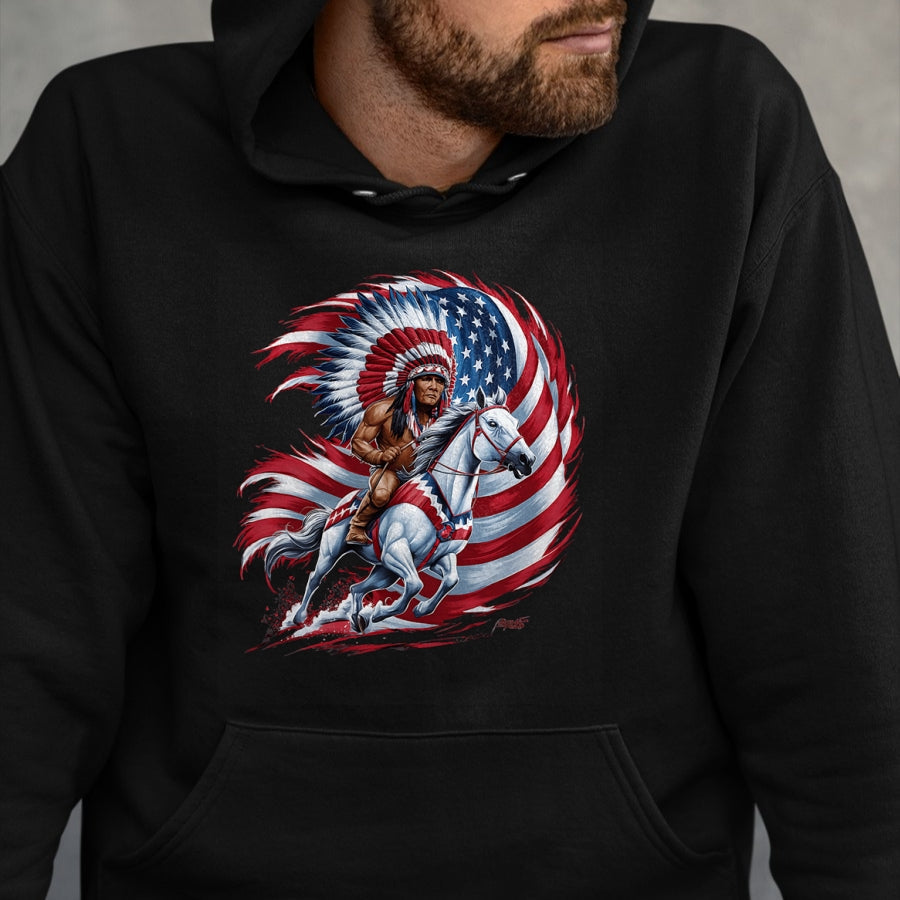 Native American T-Shirts, Vintage Native American Unisex T-Shirt/Hoodie/Sweatshirt HLT00 - Native American Day Flag usa Indian Riding Horse