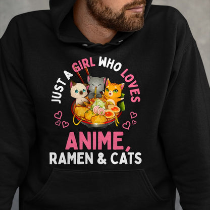 Cat Love Shirt, Funny Cat Lover Gift UnisexT-Shirt/Hoodie/Sweatshirt HLT00 - Just a Girl Who Loves Anime Ramen and Cats Kawaii Manga Gift Long Sleeve T-Shirt