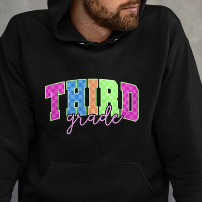 Best Student Shirt, Funny Back To School UnisexT-Shirt/Hoodie/Sweatshirt HLT00 - Back to School Neon Checkered Third Grade, Colorful Teacher T-Shirt
