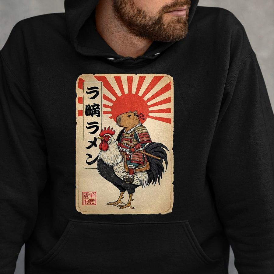 Cute Capybara Shirt, Funny Capybara Unisex T-Shirt/Hoodie/Sweatshirt HLT00 - Vintage Japanese Samurai Capybara Rooster Chicken Anime T-Shirt