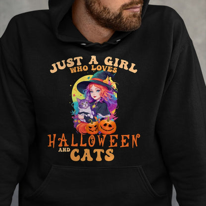 Cat Love Shirt, Funny Cat Lover Gift UnisexT-Shirt/Hoodie/Sweatshirt HLT00 - Just A Girl Who Loves Halloween and Cats Spooky Fall Pumpkin T-Shirt