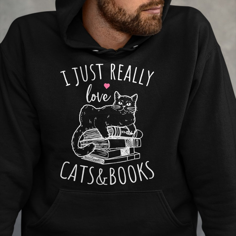 Cat Love Shirt, Funny Cat Lover Gift UnisexT-Shirt/Hoodie/Sweatshirt HLT00 - I Just Really Love Reading Books And Cats Funny Cat And book T-Shirt (1)