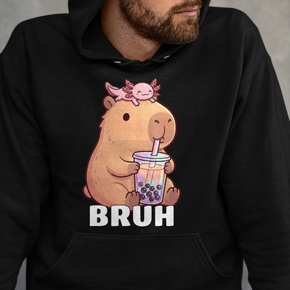 Cute Capybara Shirt, Funny Capybara Unisex T-Shirt/Hoodie/Sweatshirt HLT00 - Cute Bruh Capybara Drinking Bubble Tea Axolotl Funny Kawaii T-Shirt
