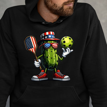 Funny Pickleball Shirt, Pickleball Lover Unisex T-Shirt/Hoodie/Sweatshirt HLT00 - 4th of July Patriotic Pickle Playing pickleball Paddle T-Shirt