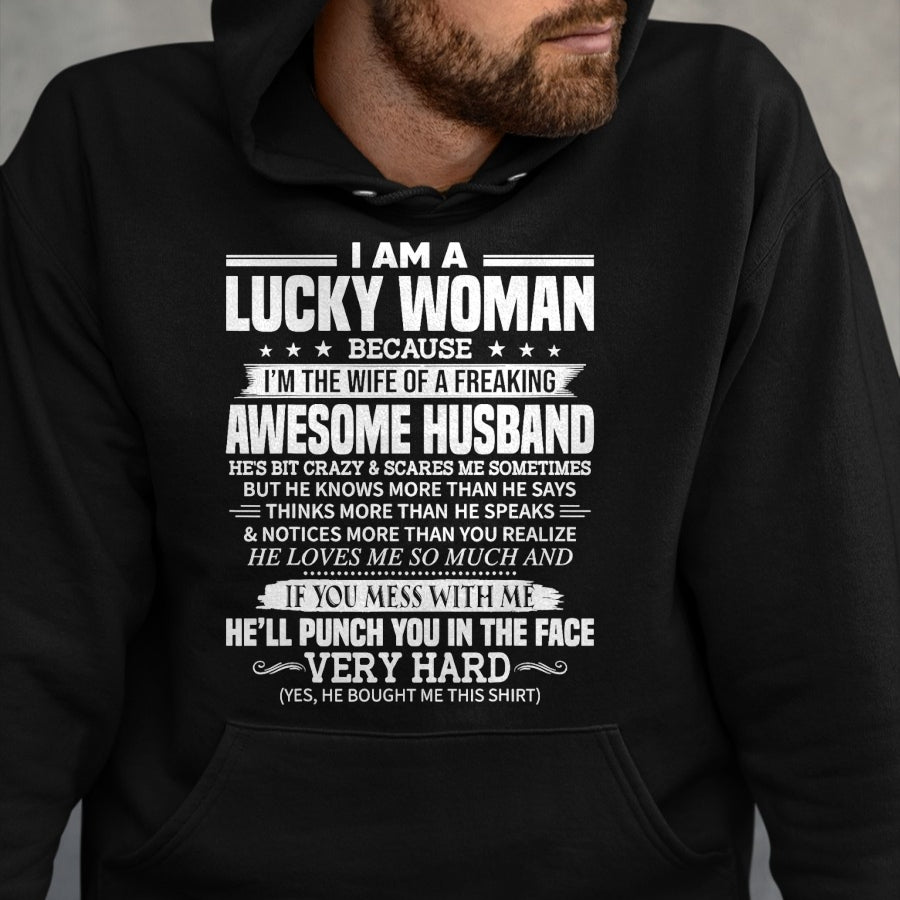 Best Wife Shirt, Wife and Husband Unisex T-Shirt/Hoodie/Sweatshirt HLT00 - A Lucky Woman I'm the wife of a freaking awesome husband T-Shirt (1)