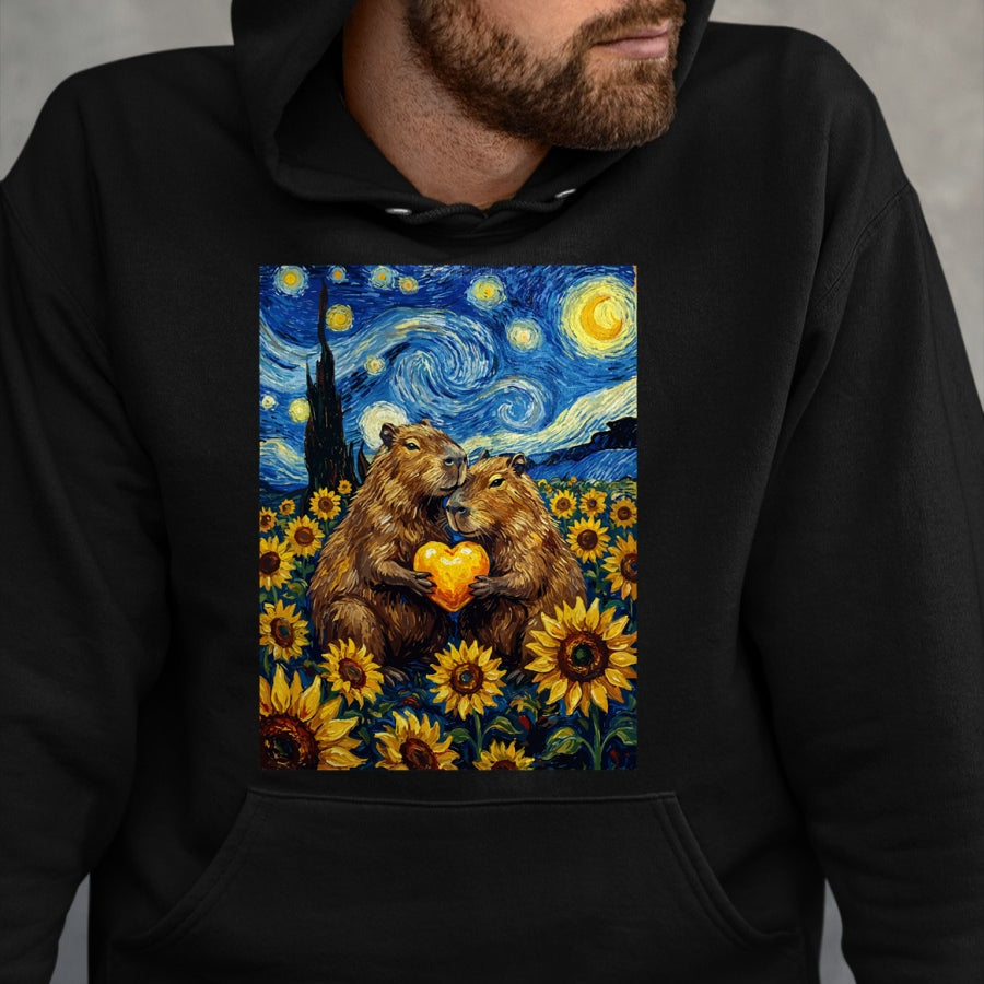 Cute Capybara Shirt, Funny Capybara Unisex T-Shirt/Hoodie/Sweatshirt HLT00 - Capybara Starry Night with Heart and Sunflowers Long Sleeve T-Shirt