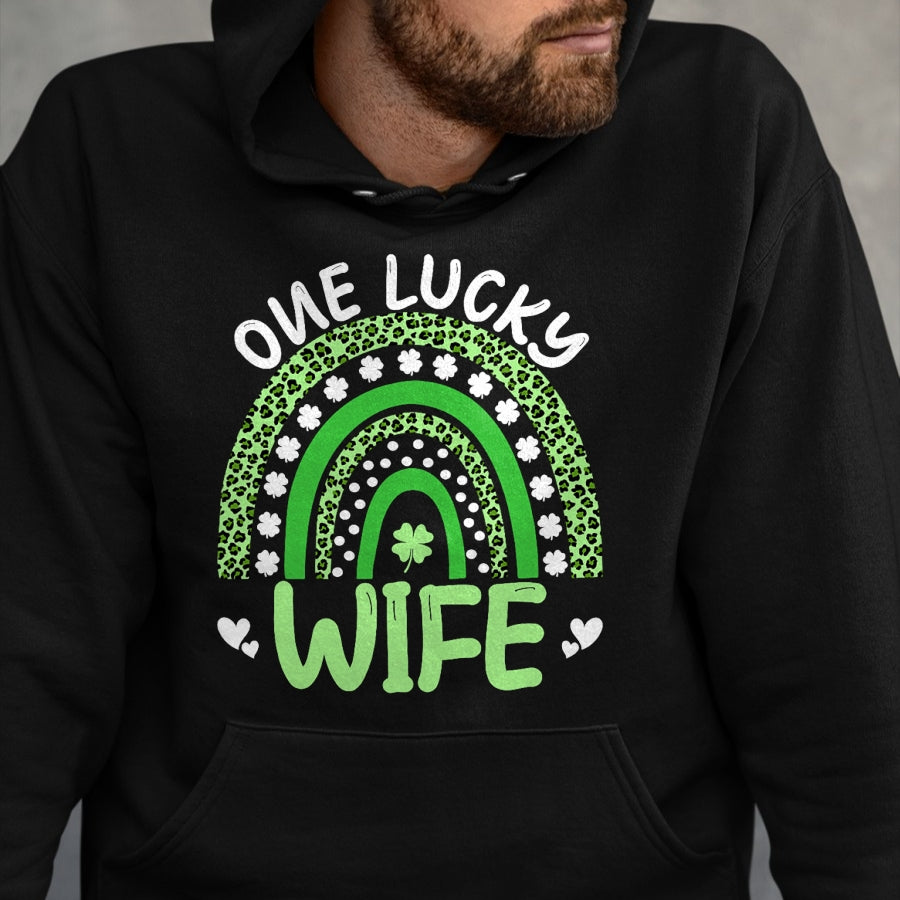 Best Wife Shirt, Wife and Husband Unisex T-Shirt/Hoodie/Sweatshirt HLT00 - Gift for wife T shirt, lucky wife   Womens One Lucky Wife Leopard Rainbow Clover St Patricks Day Tan