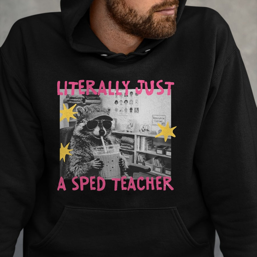 Best Teacher Shirt, Funny Teacher UnisexT-Shirt/Hoodie/Sweatshirt HLT00 - Literally Just A Sped Teacher Raccoon T-Shirt