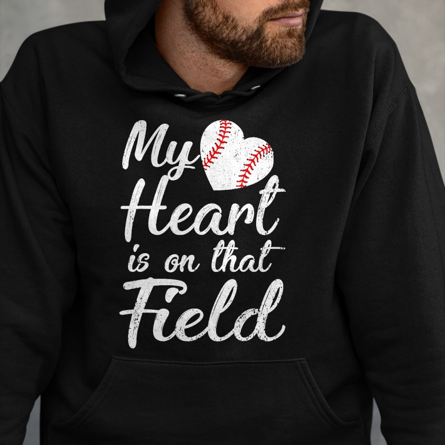 Gift for Mom Shirt, Funny Mom Unisex T-Shirt/Hoodie/Sweatshirt HLT00 - My Heart is on That Field Baseball Softball Mom Gifts T-Shirt