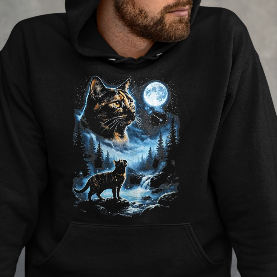 Cat Love Shirt, Funny Cat Lover Gift UnisexT-Shirt/Hoodie/Sweatshirt HLT00 - Tortoiseshell Cat Howling At Moon Celestial Parody Design T-Shirt, Men, Black, 3X-Large