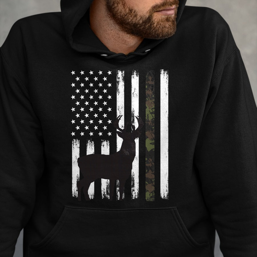 Funny Hunting Shirt, Gift For Hunting Lover Unisex T-Shirt/Hoodie/Sweatshirt HLT00 - Whitetail Deer Hunting Hunter Buck Camo American Flag USA T-Shirt