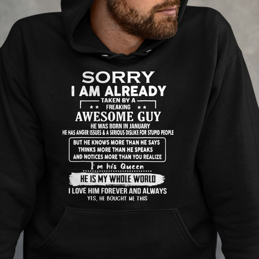 Best Wife Shirt, Wife and Husband Unisex T-Shirt/Hoodie/Sweatshirt HLT00 - Sorry I Am Already Taken By A Freaking Awesome Guy January T-Shirt
