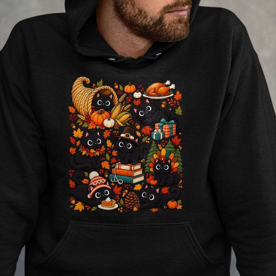 Best Thanksgiving Family Shirt , Funny Thanksgiving UnisexT-Shirt/Hoodie/Sweatshirt HLT00 - Cute Black Cats Thanksgiving Fall Harvest T-Shirt