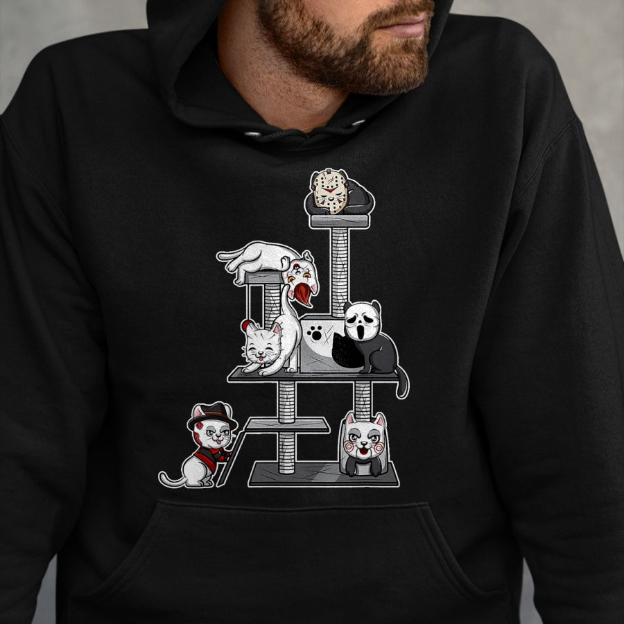 Cat Love Shirt, Funny Cat Lover Gift UnisexT-Shirt/Hoodie/Sweatshirt HLT00 - Funny Horror Movie Cats Playing On Cat Tree T-Shirt, Men, Black, XX-Large