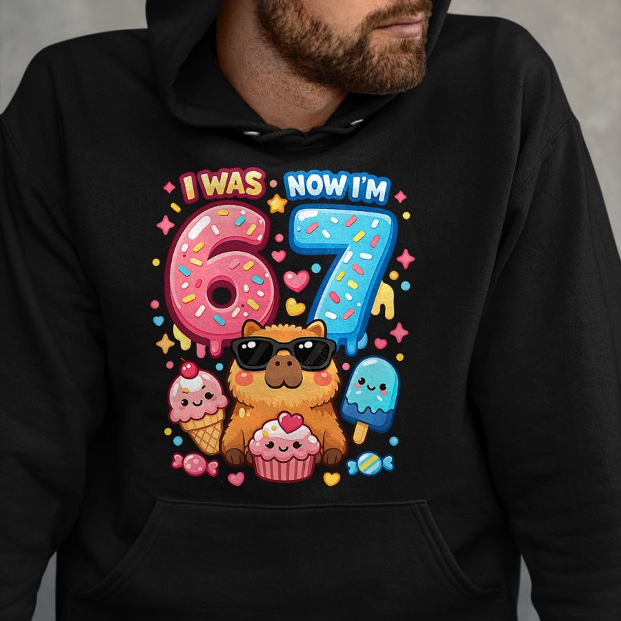 Cute Capybara Shirt, Funny Capybara Unisex T-Shirt/Hoodie/Sweatshirt HLT00 - I was 6 Now I_m 7 Birthday 67 Meme Capybara Ice Cream Kawaii T-Shirt