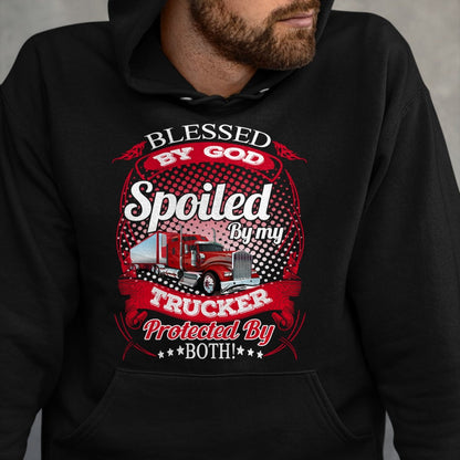 Best Wife Shirt, Wife and Husband Unisex T-Shirt/Hoodie/Sweatshirt HLT00 - Blessed By God Spoiled By My Trucker Girlfriend Wife Long Sleeve T-Shirt