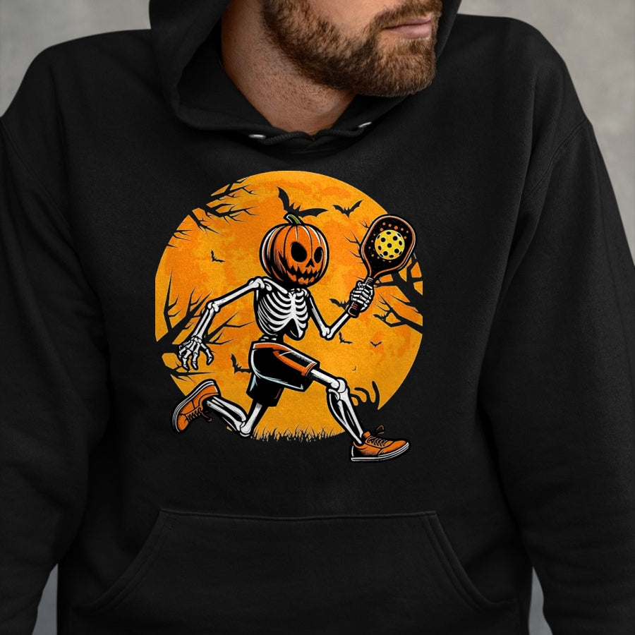 Funny Pickleball Shirt, Pickleball Lover Unisex T-Shirt/Hoodie/Sweatshirt HLT00 - Halloween Pickleball Pumpkin Skeleton Pickleball Halloween T-Shirt