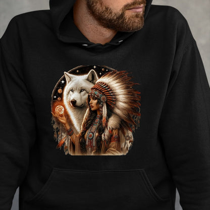 Native American T-Shirts, Vintage Native American Unisex T-Shirt/Hoodie/Sweatshirt HLT00 - Indian Native American Woman With White Wolf Vitage Gifts