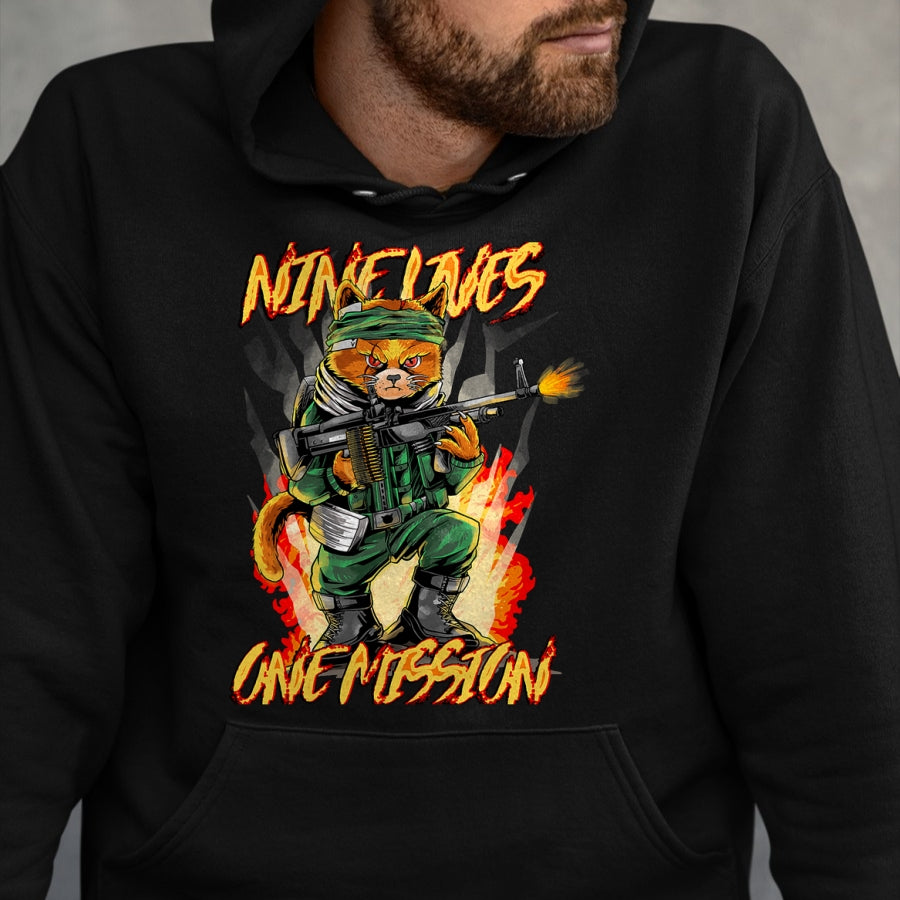 Cat Love Shirt, Funny Cat Lover Gift UnisexT-Shirt/Hoodie/Sweatshirt HLT00 - Nine Lives One Mission Cat with M60 Machine Gun Graphic T-Shirt