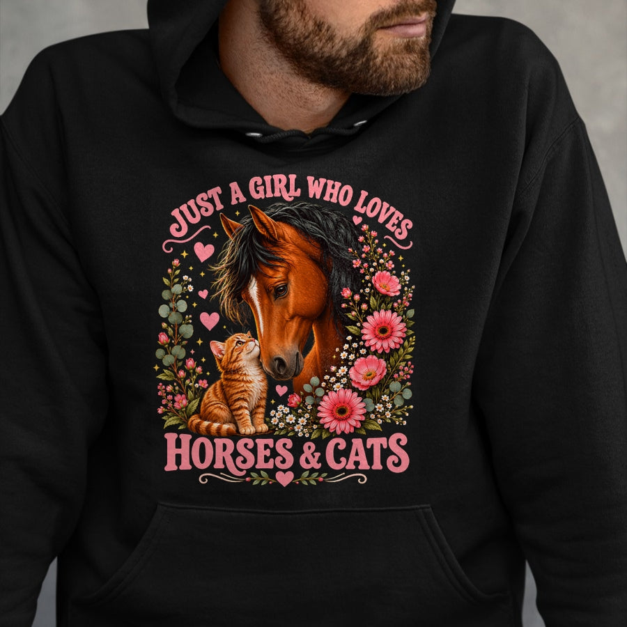 Best Horse Lover Shirt , Funny Horse UnisexT-Shirt/Hoodie/Sweatshirt HLT00 - Just a Girl Who Loves Horses and Cats Floral Animal Lover T-Shirt
