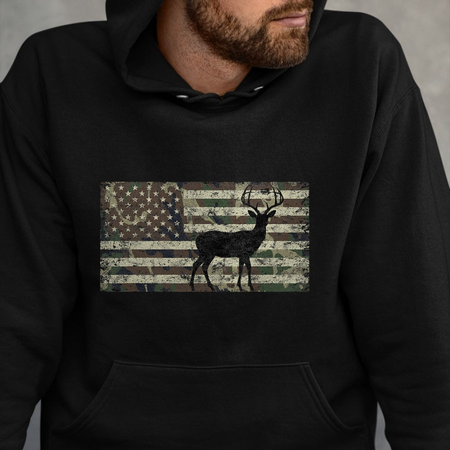 Funny Hunting Shirt, Gift For Hunting Lover Unisex T-Shirt/Hoodie/Sweatshirt HLT00 - Deer Hunting Camo American Flag Buck Standing Hunter Country T-Shirt